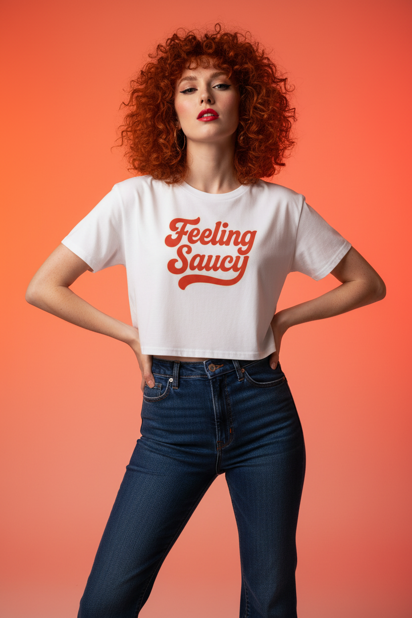 Model wearing the Feeling Saucy Retro Script Crop Top in an orange studio scene with jeans