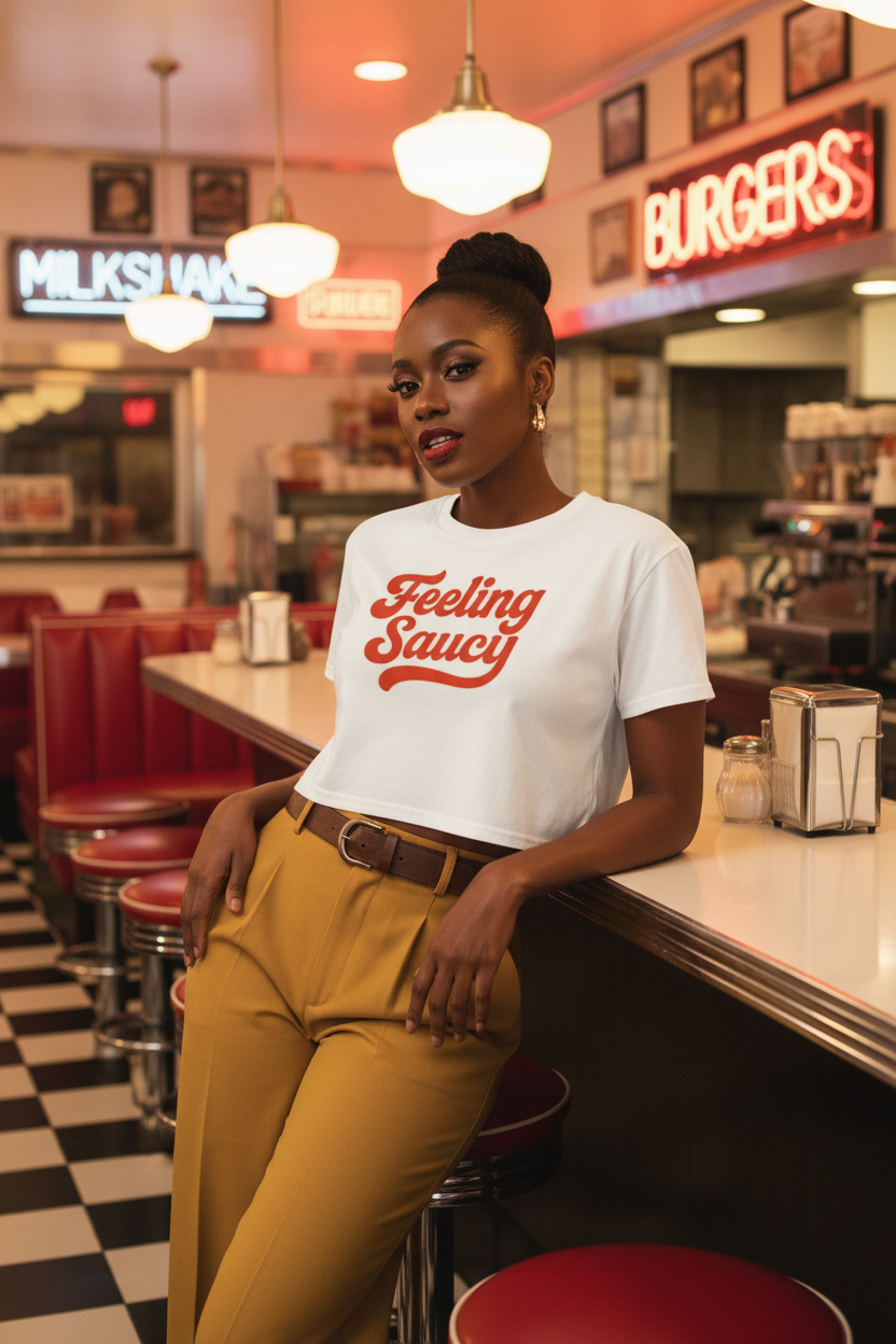 Model wearing the Feeling Saucy Retro Script Crop Top in a retro diner scene