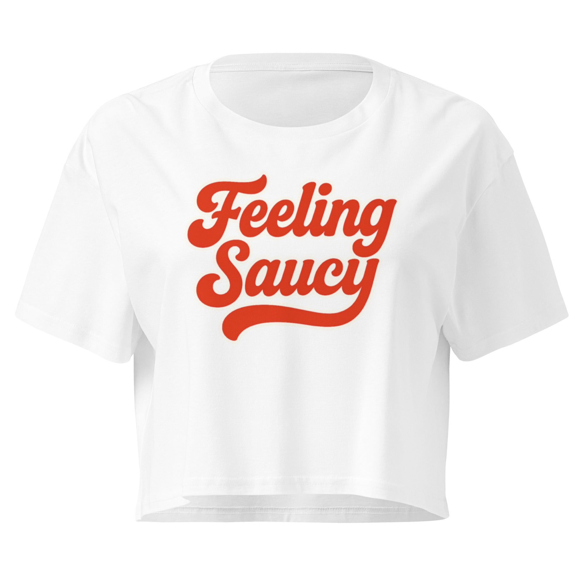 Feeling Saucy Retro Script white crop top front product mockup with bold red script lettering