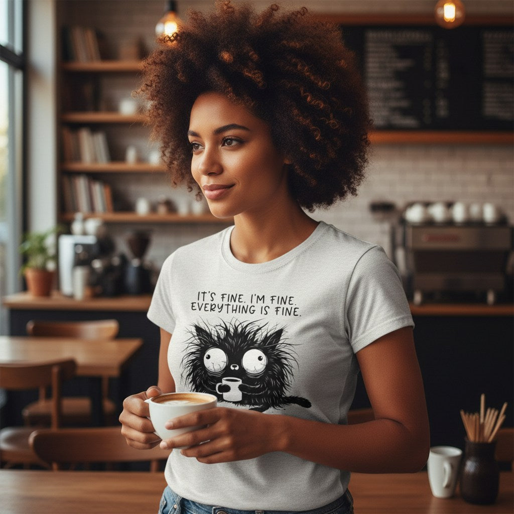 Woman holding a coffee cup in a cafe wearing a t-shirt with a cat graphic and text.