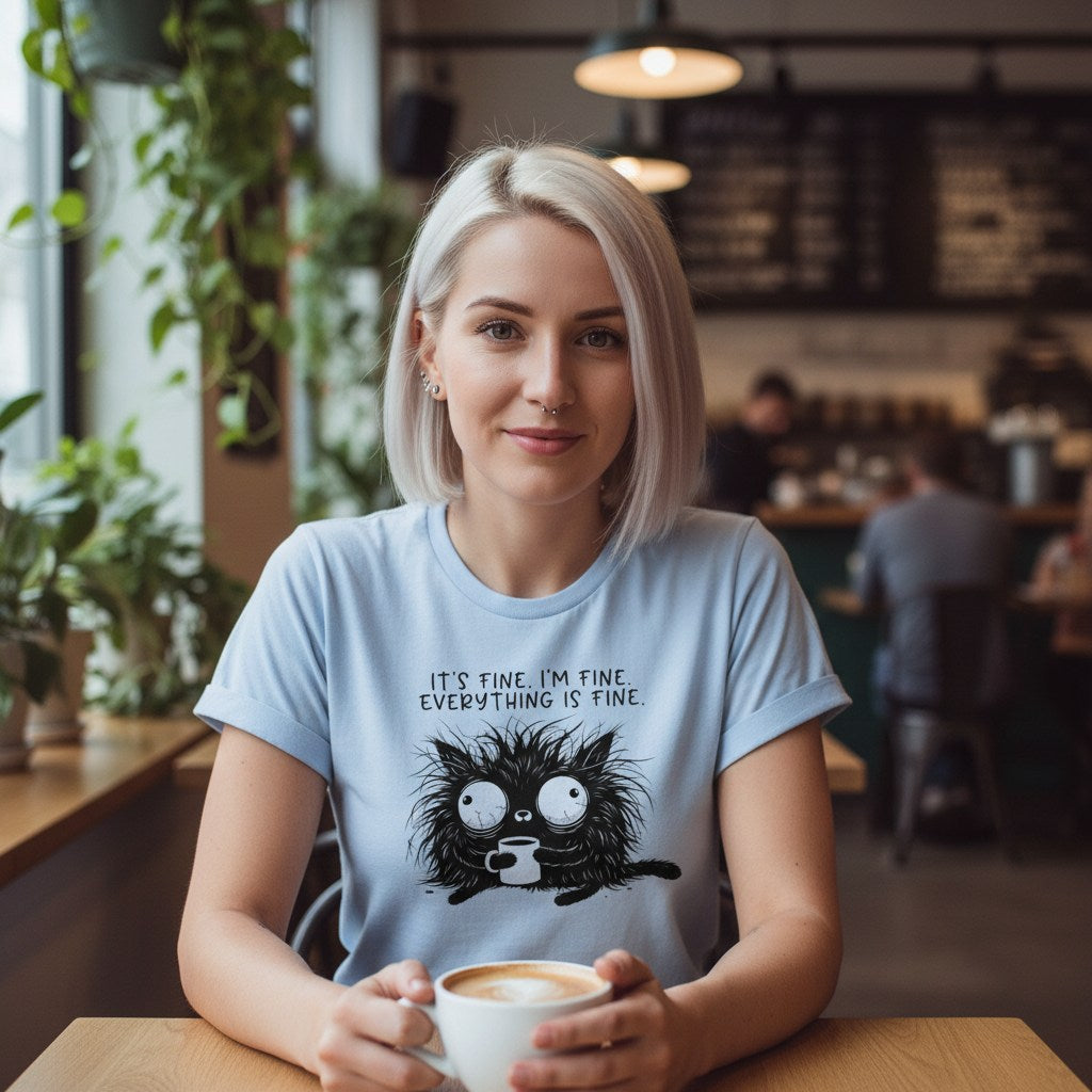 Woman sitting at a cafe holding a coffee cup, wearing a t-shirt with a cat graphic and text.