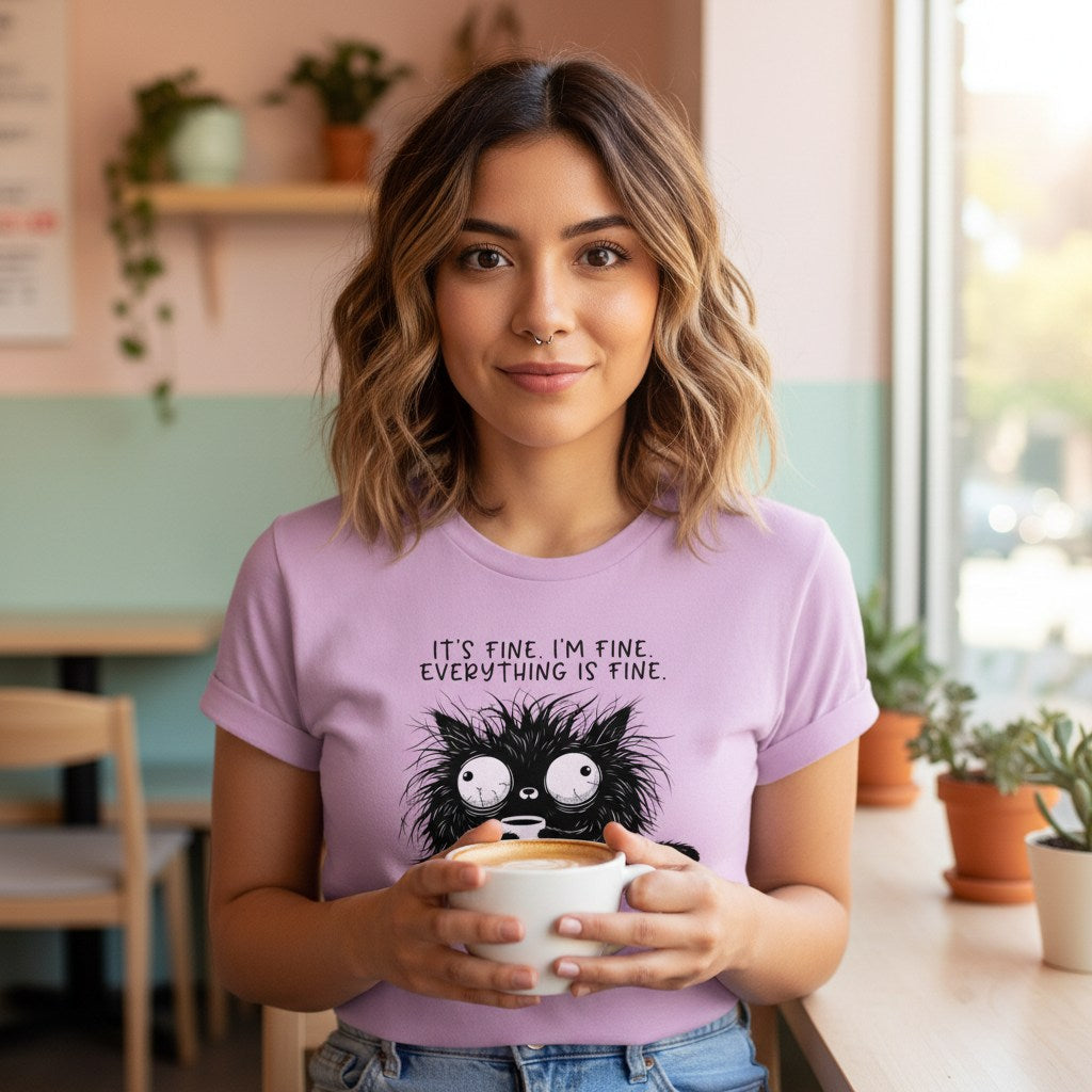 Woman wearing a purple t-shirt with a cat graphic and text, holding a cup in a cafe.