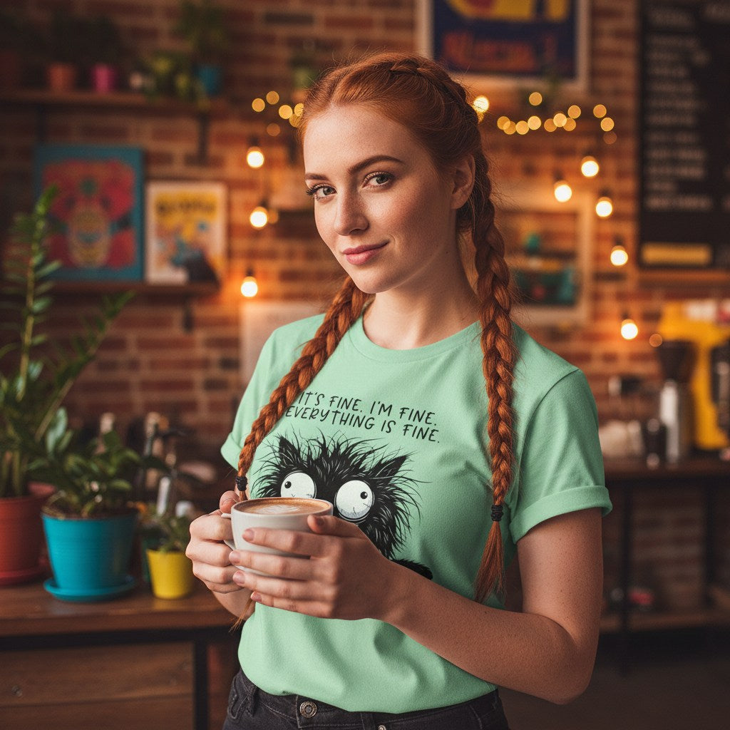 Woman holding a mug in a cozy room with plants and string lights.