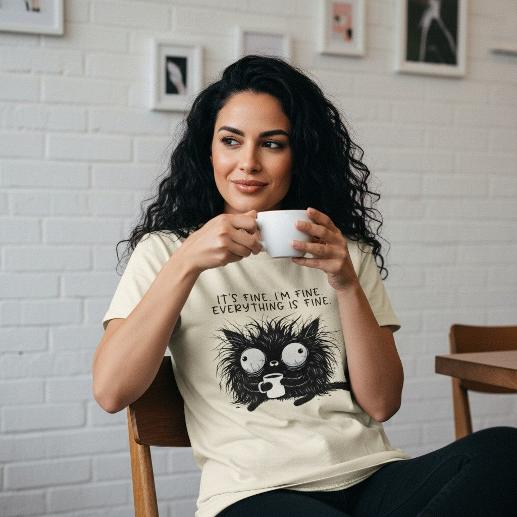 Woman wearing a t-shirt with a black cat graphic and text, holding a mug.