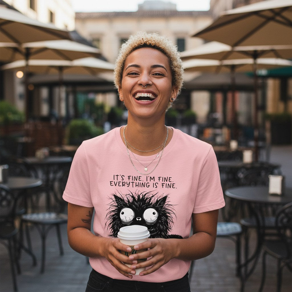 Person wearing a pink t-shirt with a black cat graphic and text, holding a coffee cup in an outdoor cafe setting.