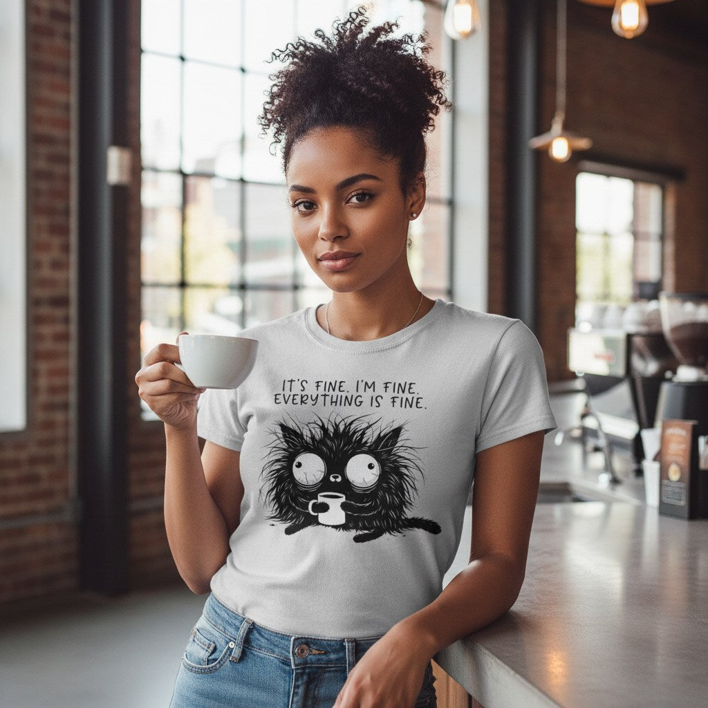 Woman wearing a t-shirt with a cartoon character and text, holding a mug in a modern indoor setting.