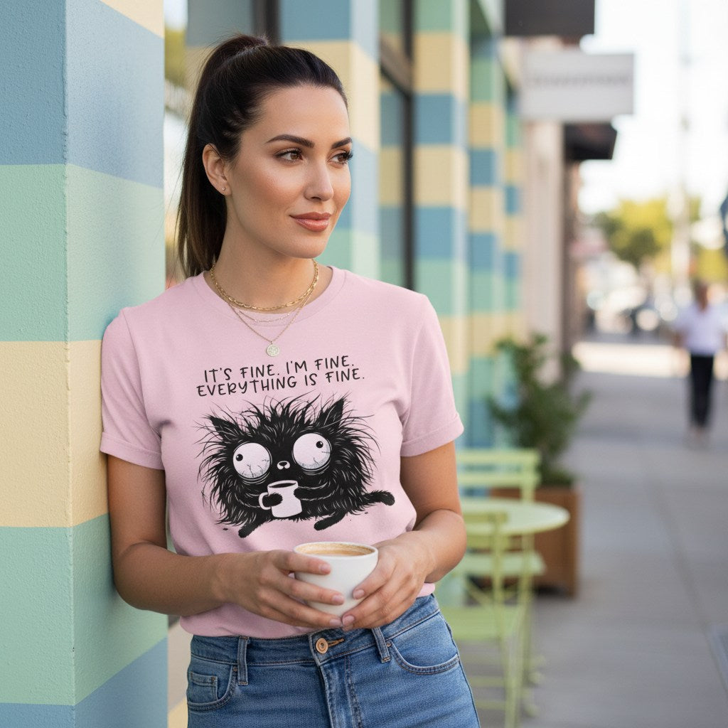 Woman wearing a pink t-shirt with a black cat graphic and text, holding a coffee cup, standing against a colorful wall.