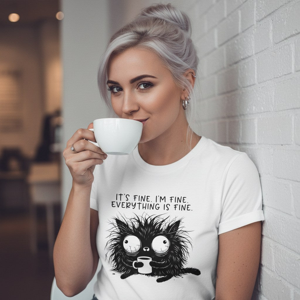 Woman drinking from a white mug wearing a white t-shirt with a black cat graphic and text.