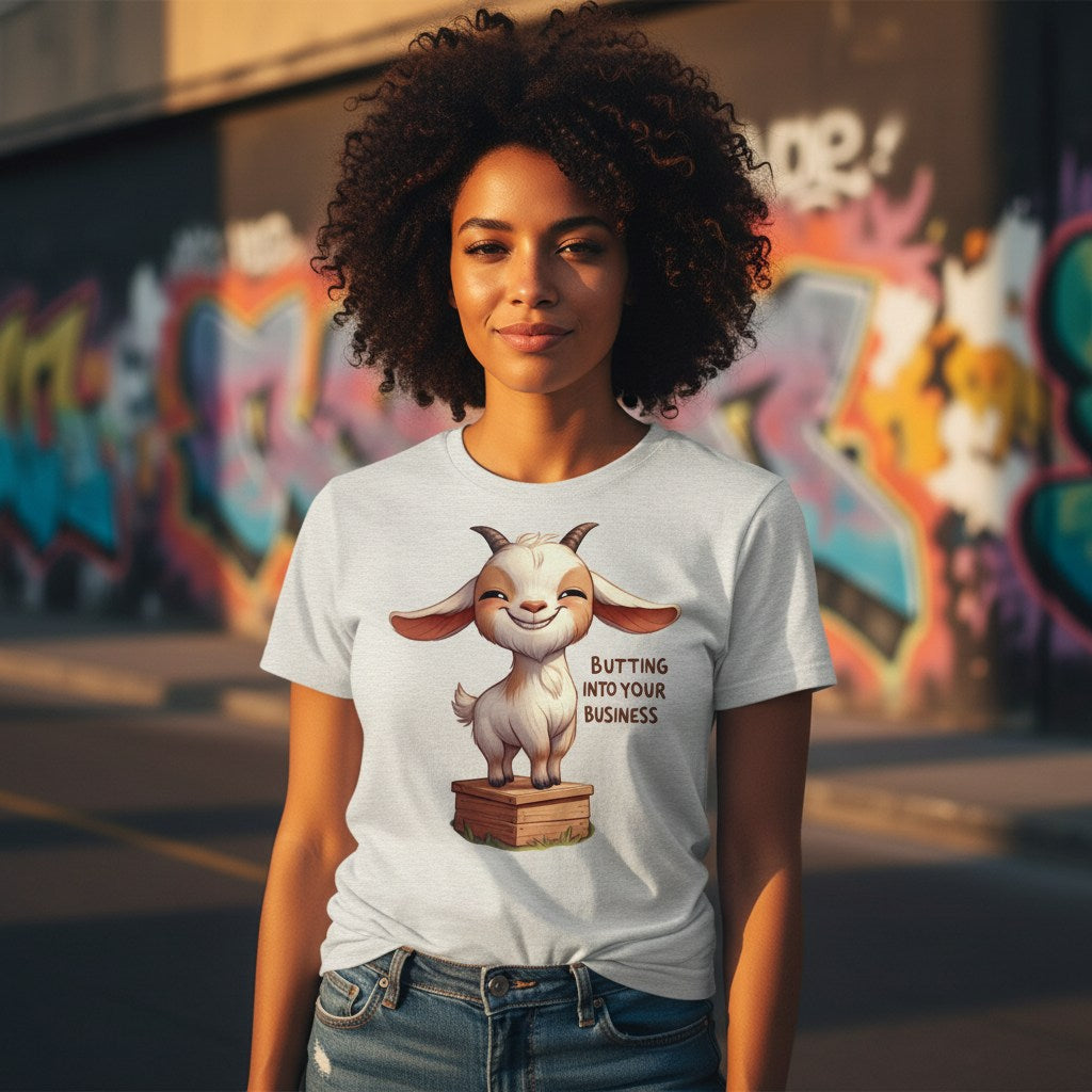 Person wearing a t-shirt with a cartoon goat graphic and text, standing in front of graffiti art.
