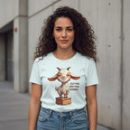Woman wearing a light blue t-shirt with a cartoon goat graphic and text, standing against a concrete wall.