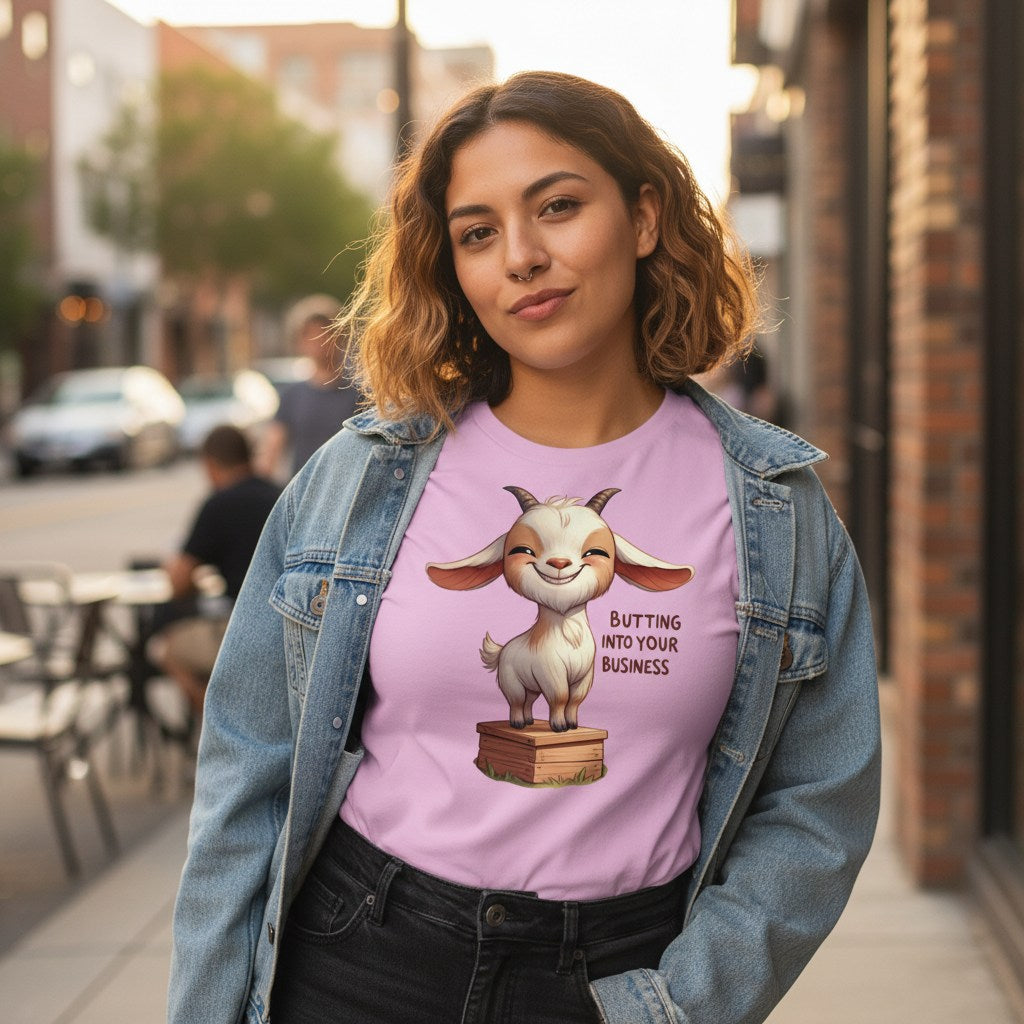 Woman wearing a purple t-shirt with a cartoon goat graphic and text, standing on a city street.