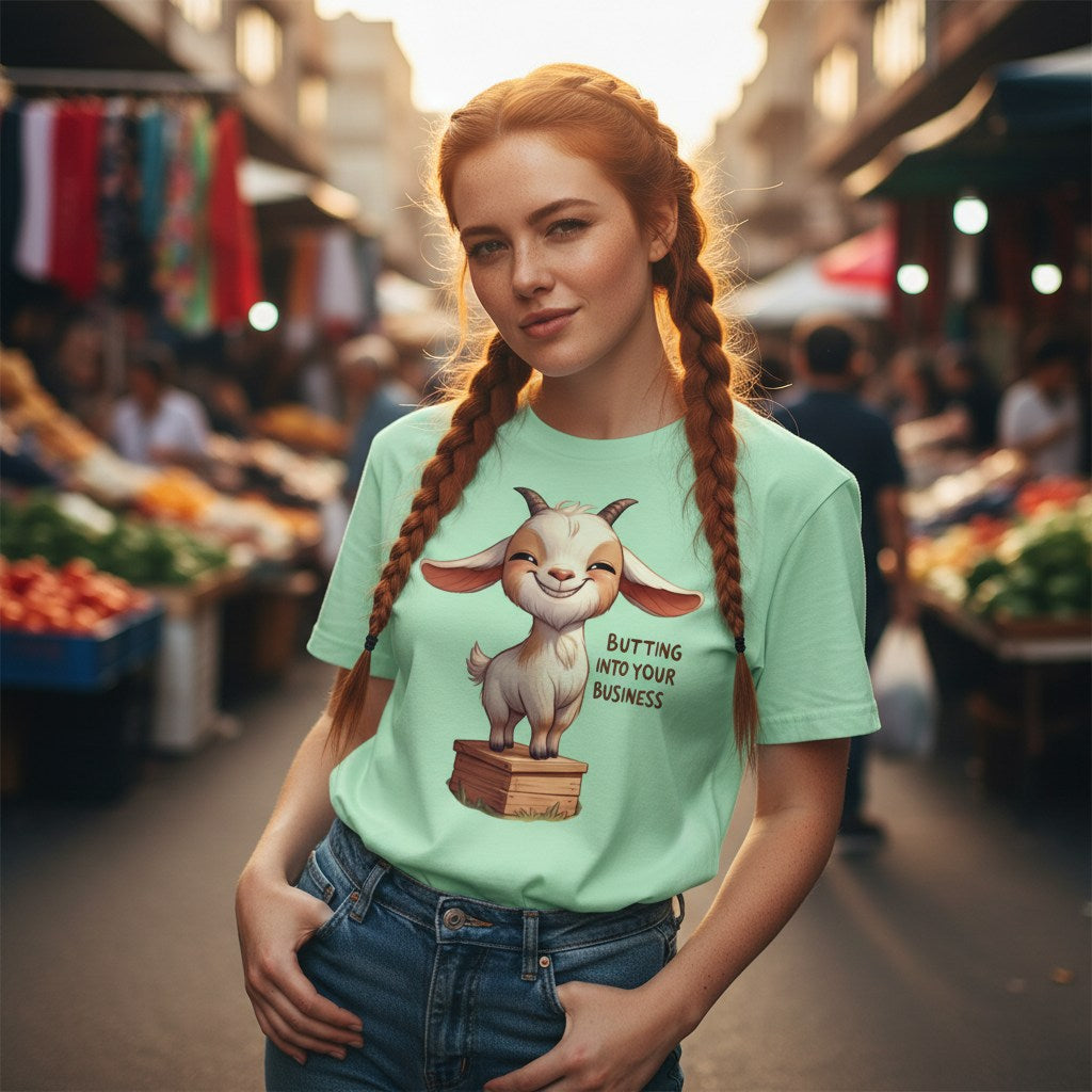 Woman wearing a light green t-shirt with a cartoon goat graphic and text, standing in a market.