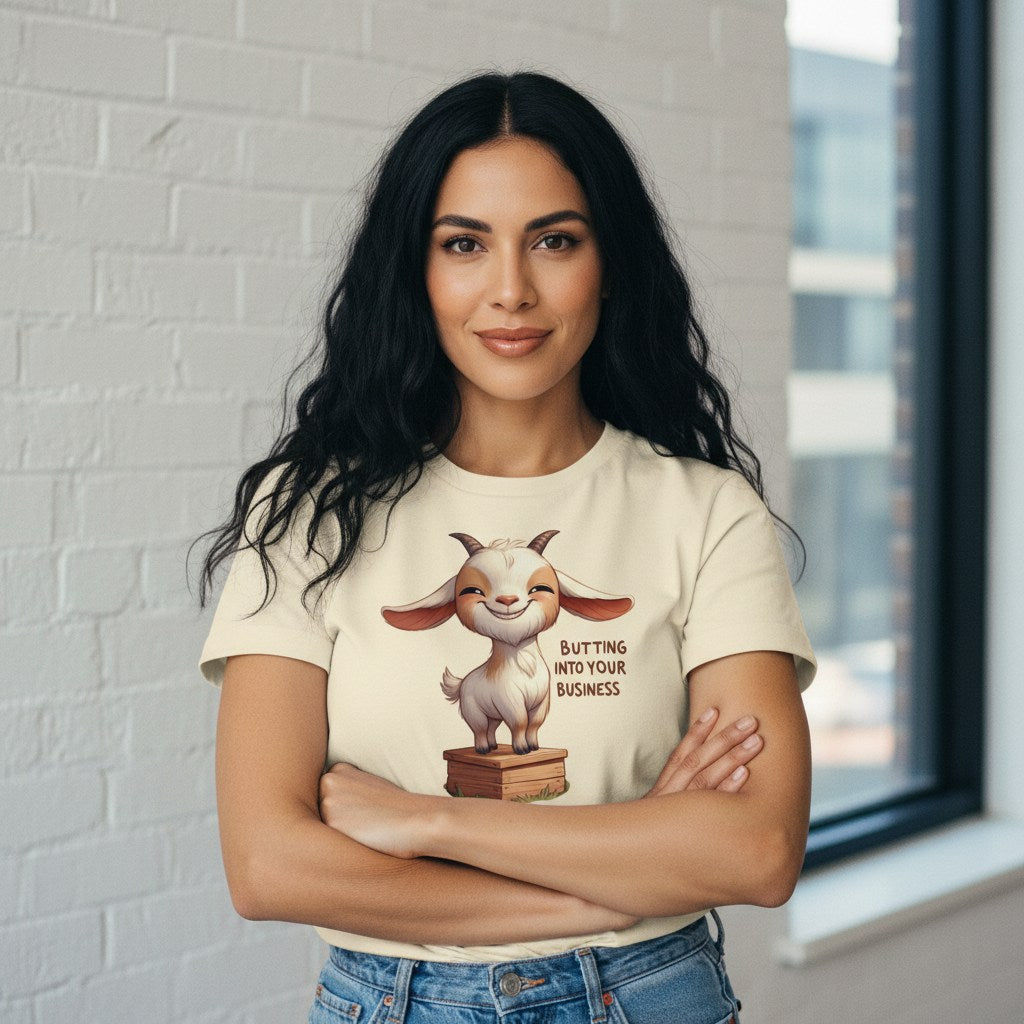 Woman wearing a t-shirt with a cartoon goat graphic and text, standing indoors.