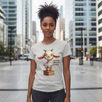 Woman wearing a t-shirt with a cartoon goat graphic and text in an urban setting