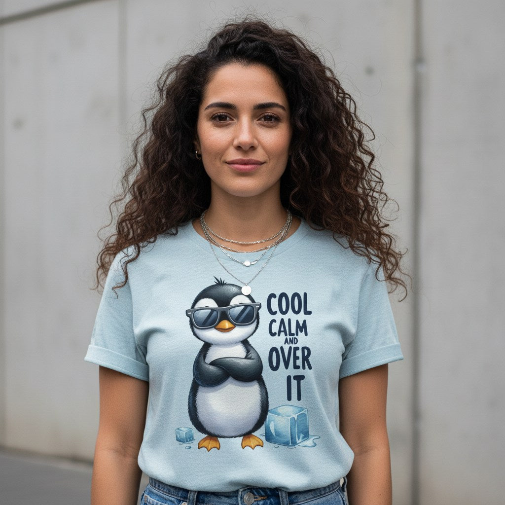 Woman wearing a light blue t-shirt with a penguin graphic and text, standing against a plain background.