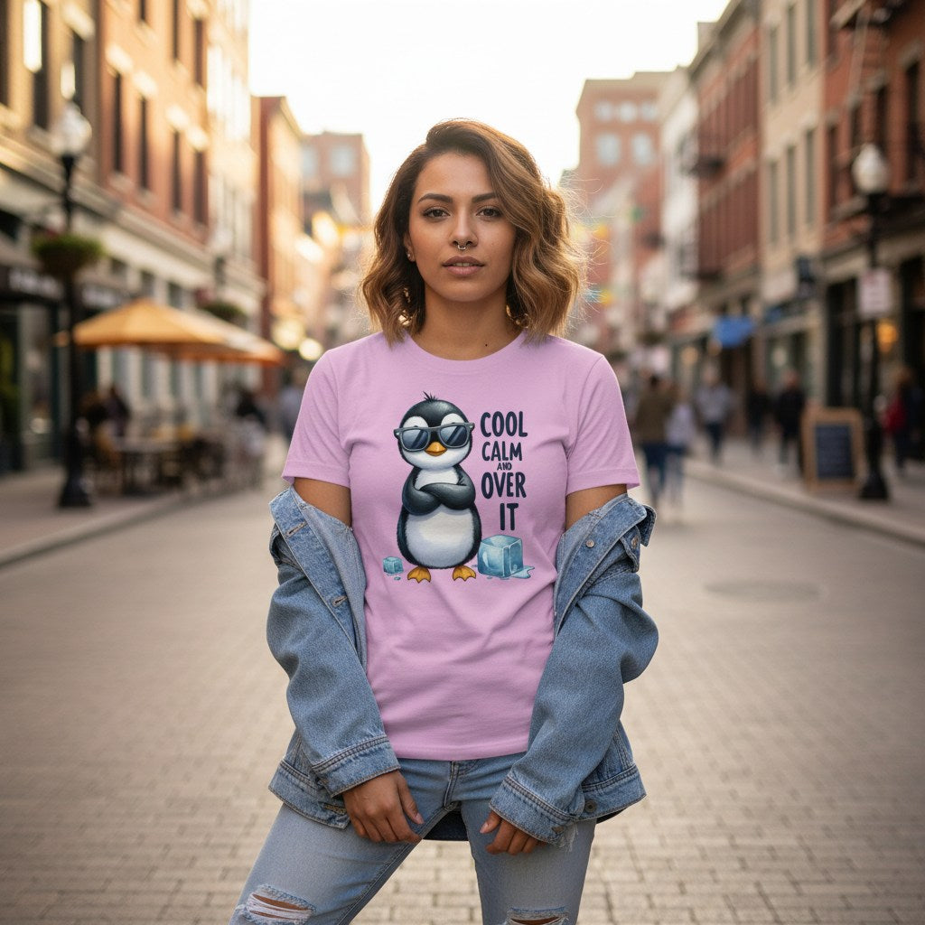 Woman wearing a pink t-shirt with a penguin graphic and text on a city street.