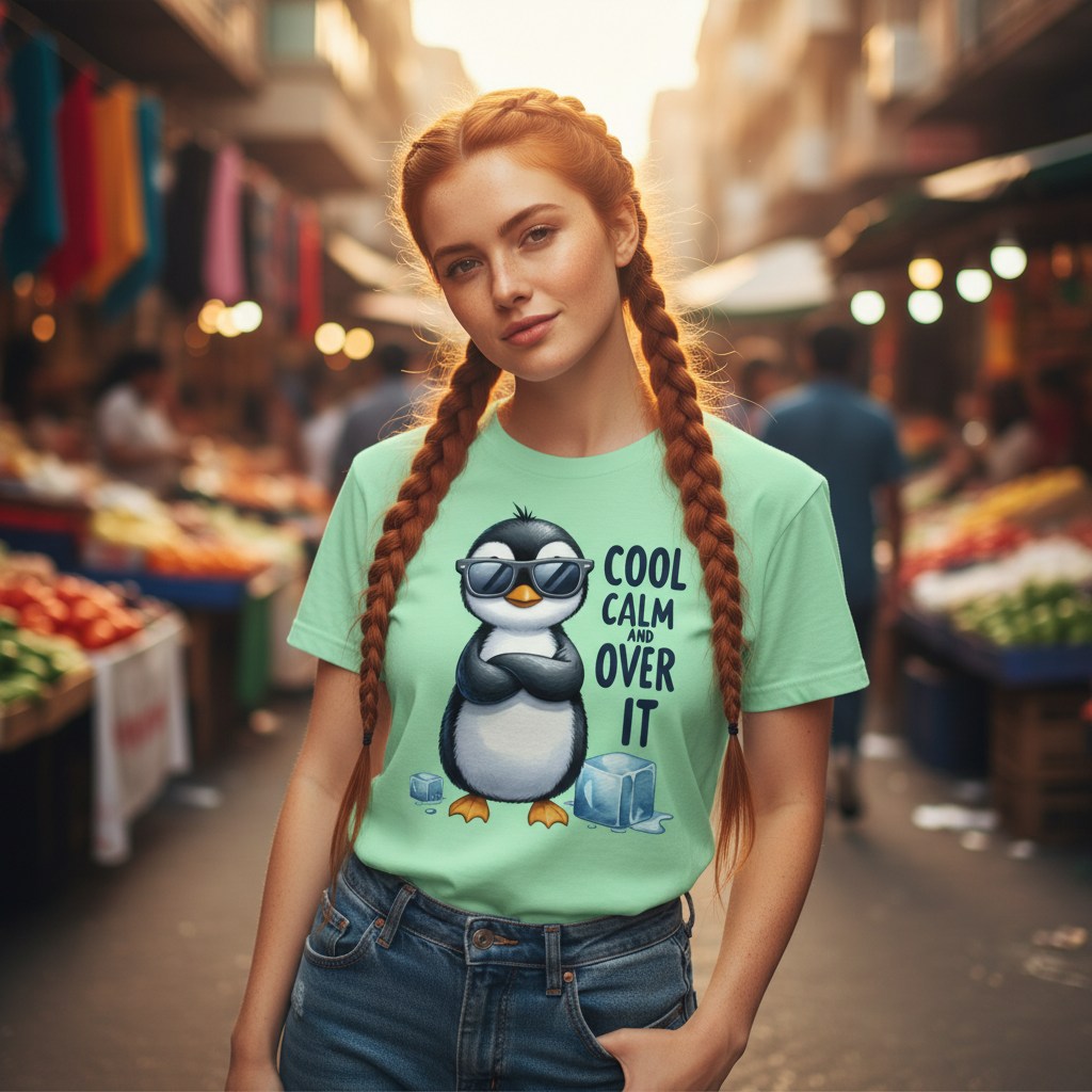 Woman wearing a green t-shirt with a penguin graphic and text in an outdoor market setting