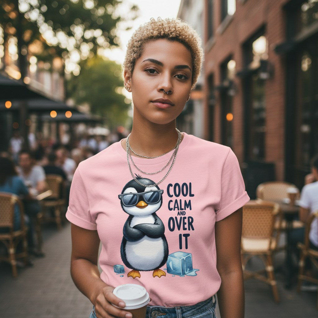 Woman wearing a pink t-shirt with a penguin graphic and text, standing in an outdoor setting.