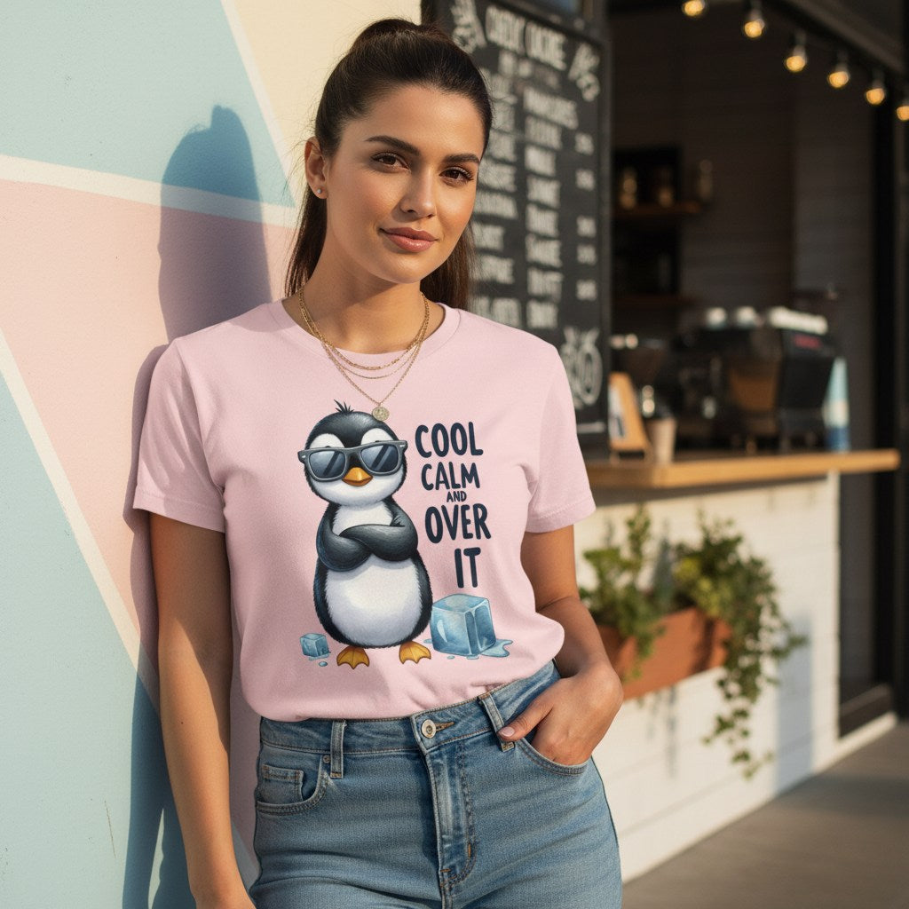 Woman wearing a pink t-shirt with a penguin graphic and text, standing in front of a cafe.