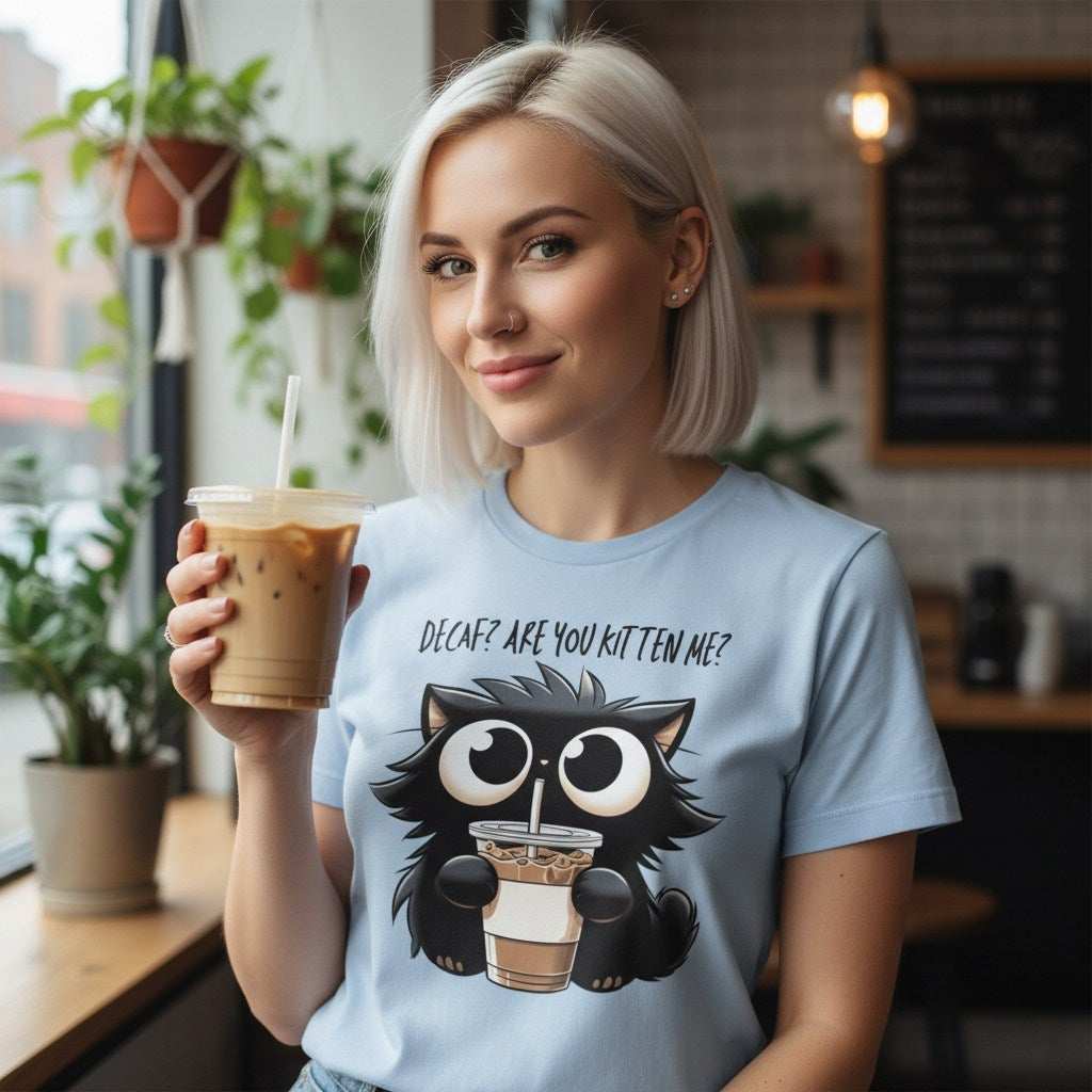 Woman holding a drink in a coffee shop wearing a t-shirt with a cat graphic and text.