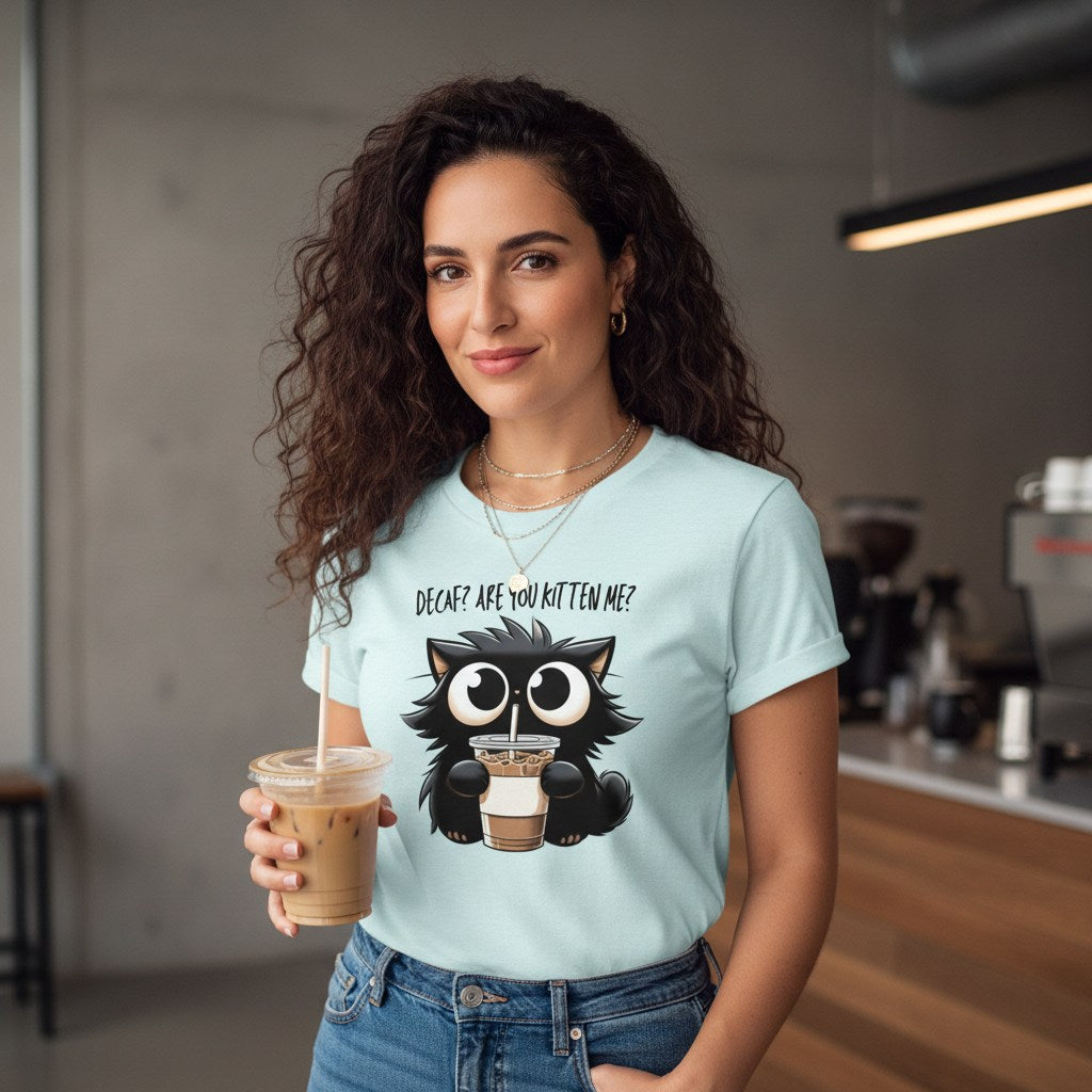 Woman wearing a light blue t-shirt with a cat graphic and text, holding an iced coffee in a kitchen.