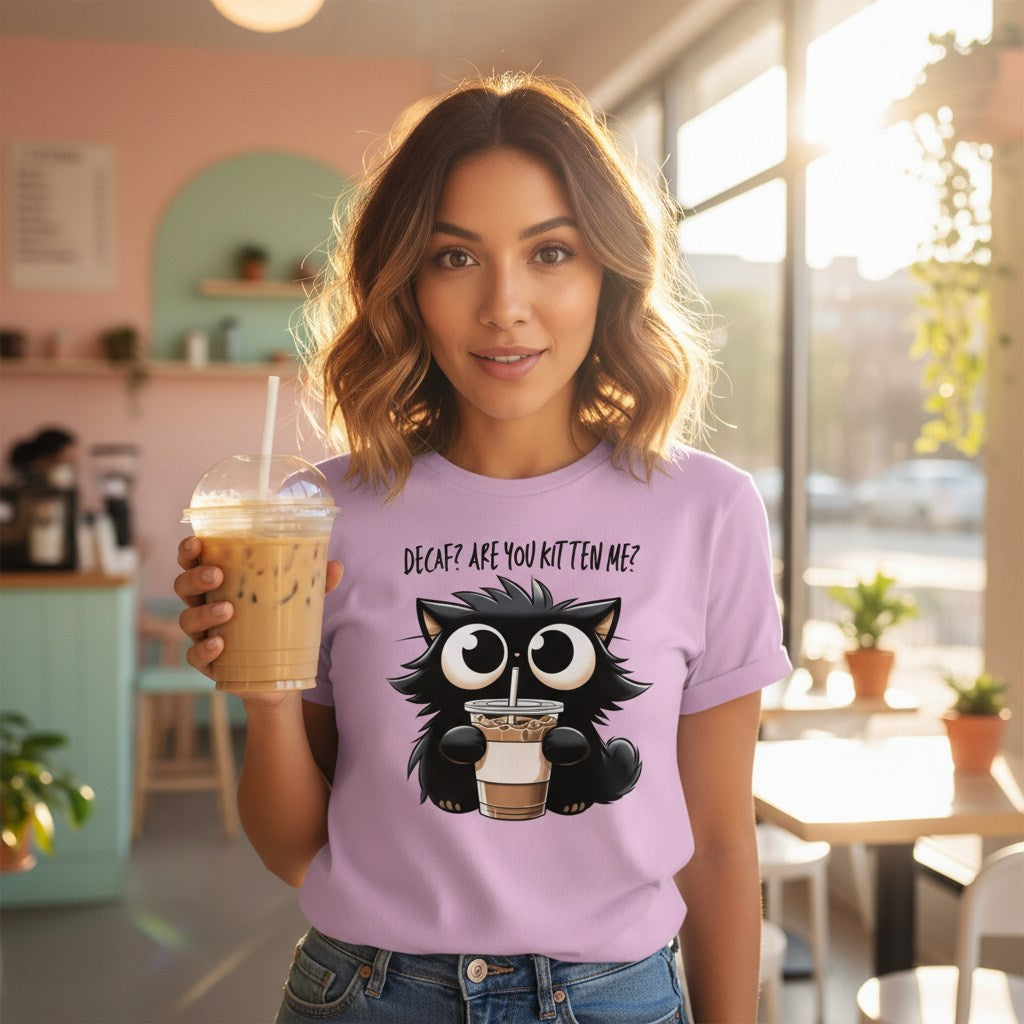 Woman wearing a purple t-shirt with a cat and coffee design, holding iced coffee in a cafe.