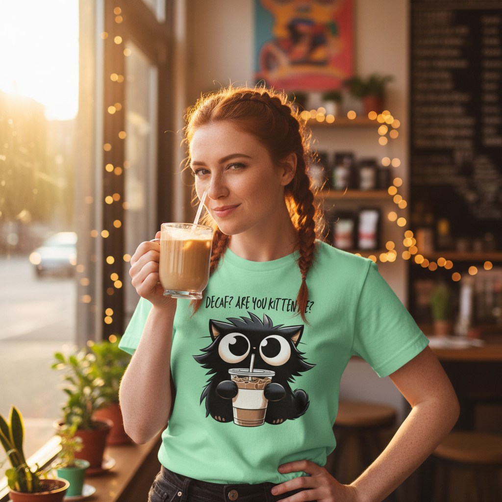 Woman in a coffee shop wearing a green t-shirt with a cat graphic, holding a coffee cup.