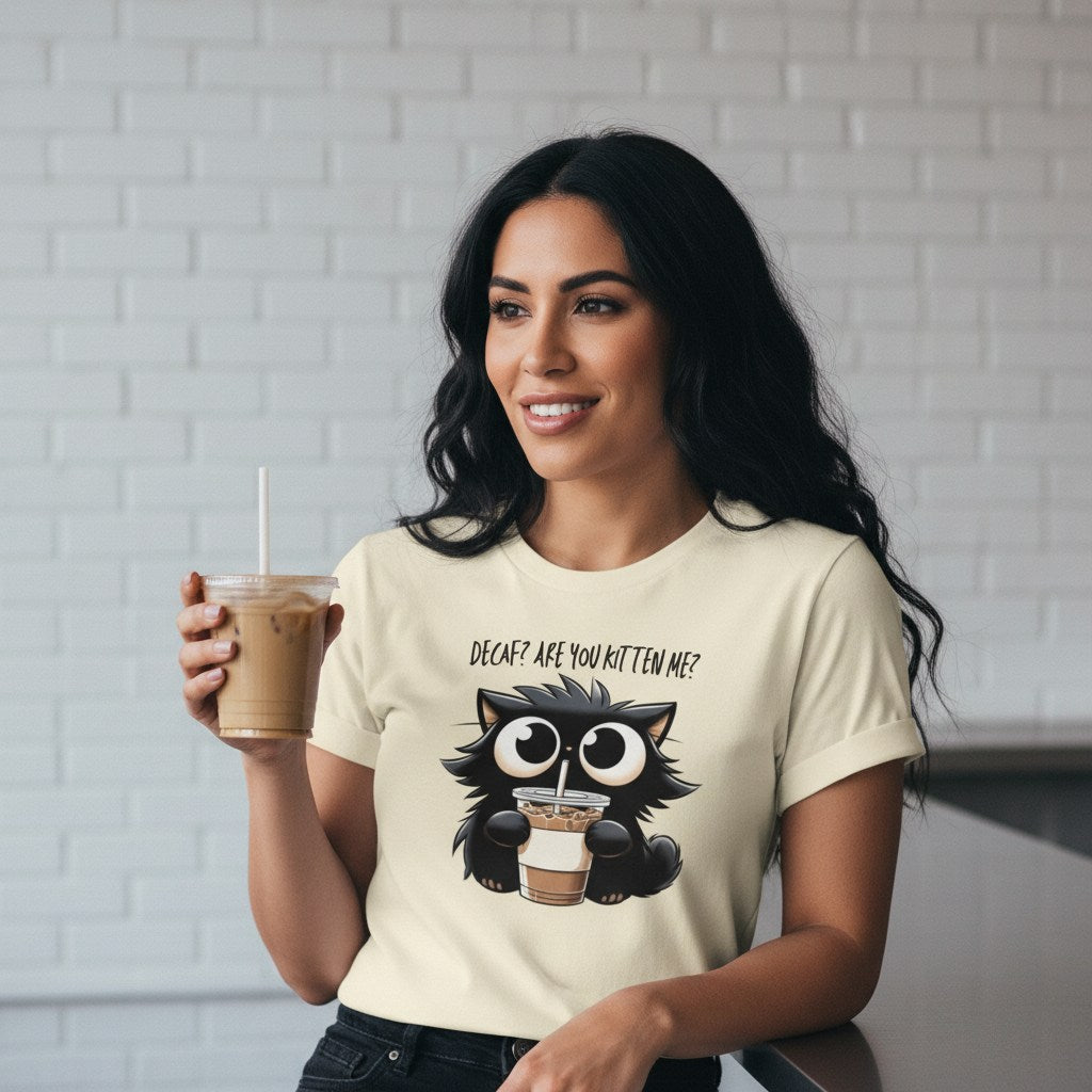 Woman wearing a t-shirt with a cat graphic and text, holding an iced coffee.