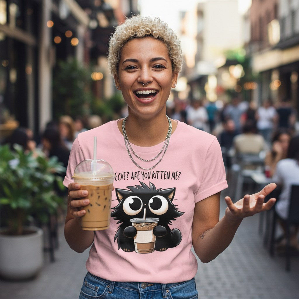 Person wearing a pink t-shirt with a cat graphic and text, holding a drink in an urban setting.