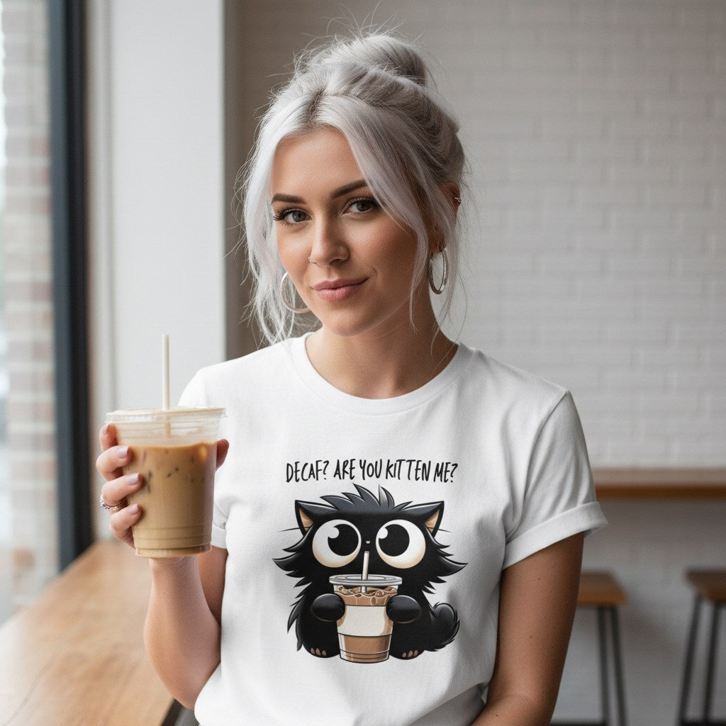Woman wearing a white t-shirt with a black cat graphic and text, holding a coffee drink.