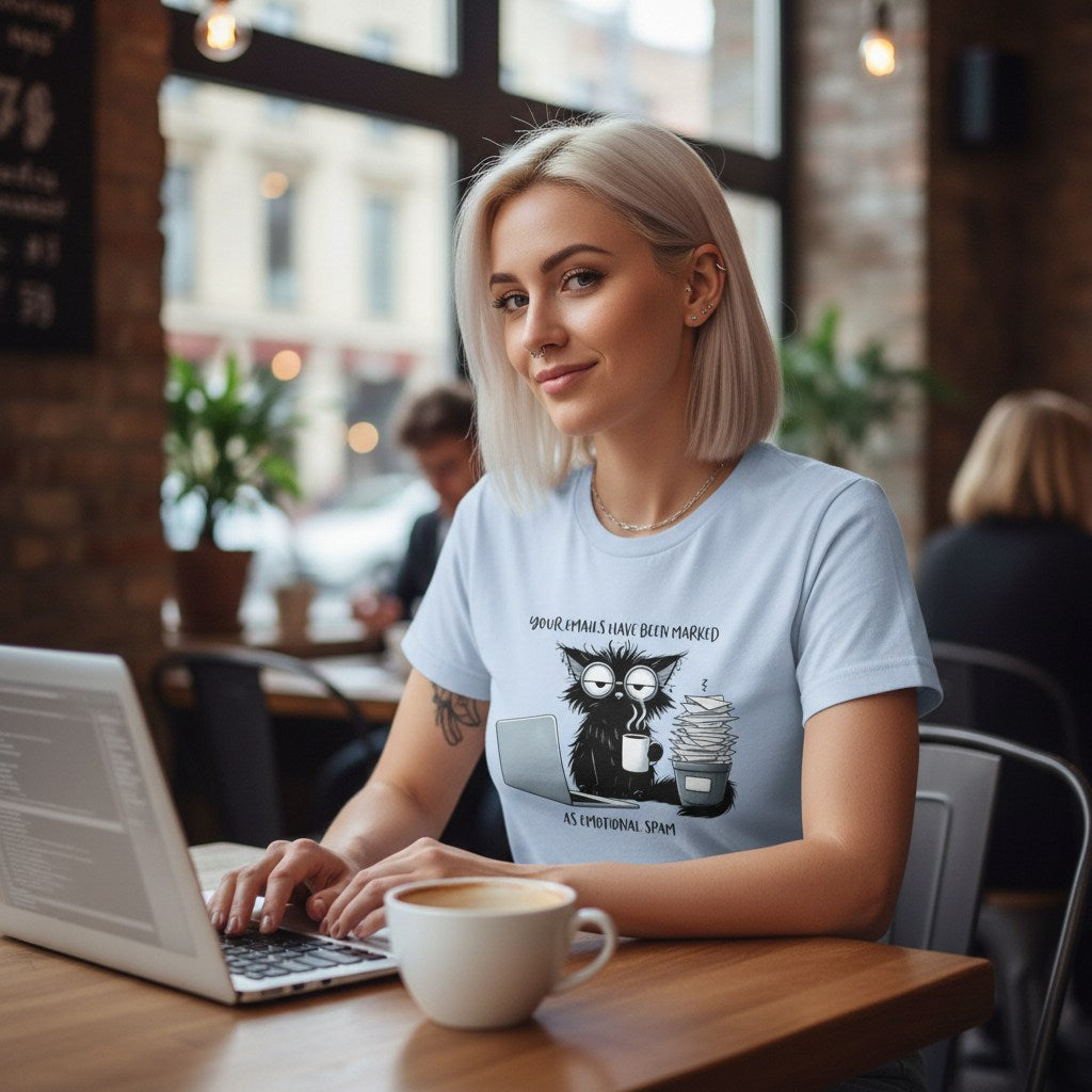 Woman sitting at a table in a cafe, using a laptop with a coffee cup, wearing a t-shirt with a graphic design.