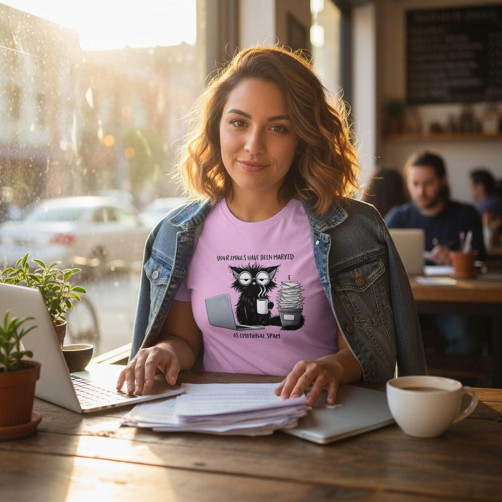 Woman sitting at a table in a cafe wearing a purple t-shirt with a cat graphic.