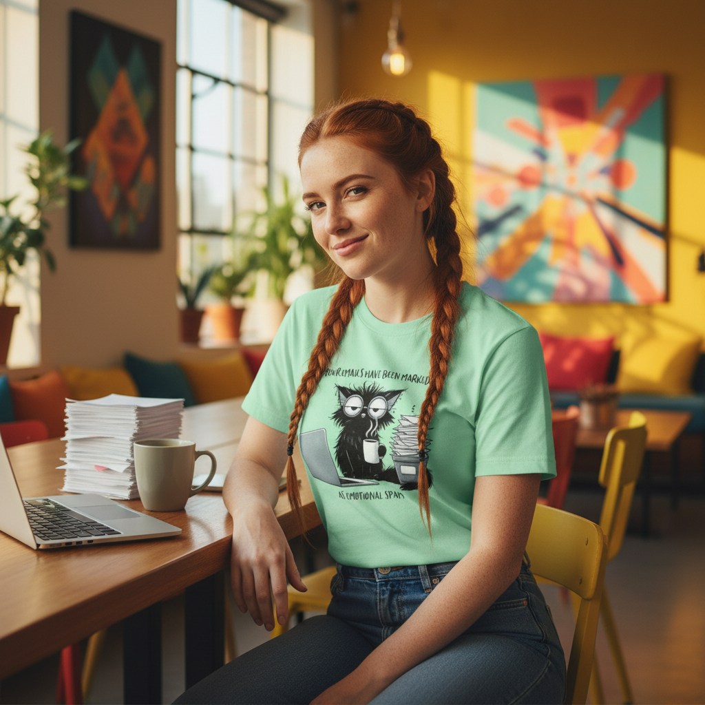 Woman sitting at a table in a colorful room wearing a green t-shirt with a graphic design.