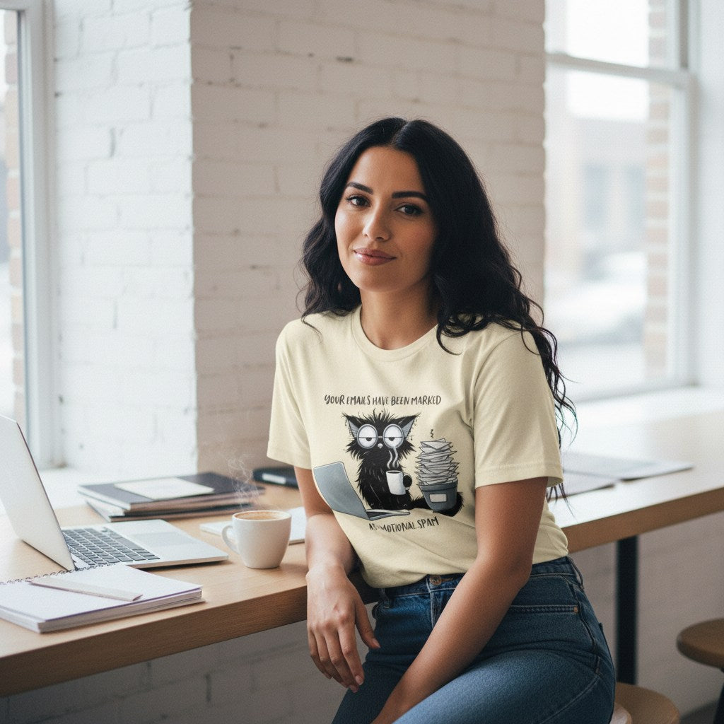 Woman wearing a t-shirt with a graphic design sitting at a desk.