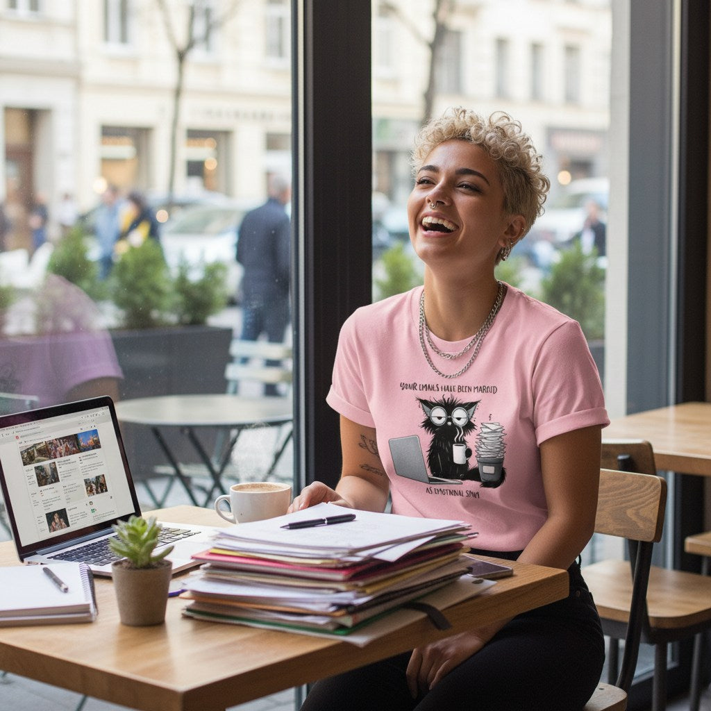 Person sitting at a cafe table with a laptop and books, wearing a pink t-shirt with a cat graphic.