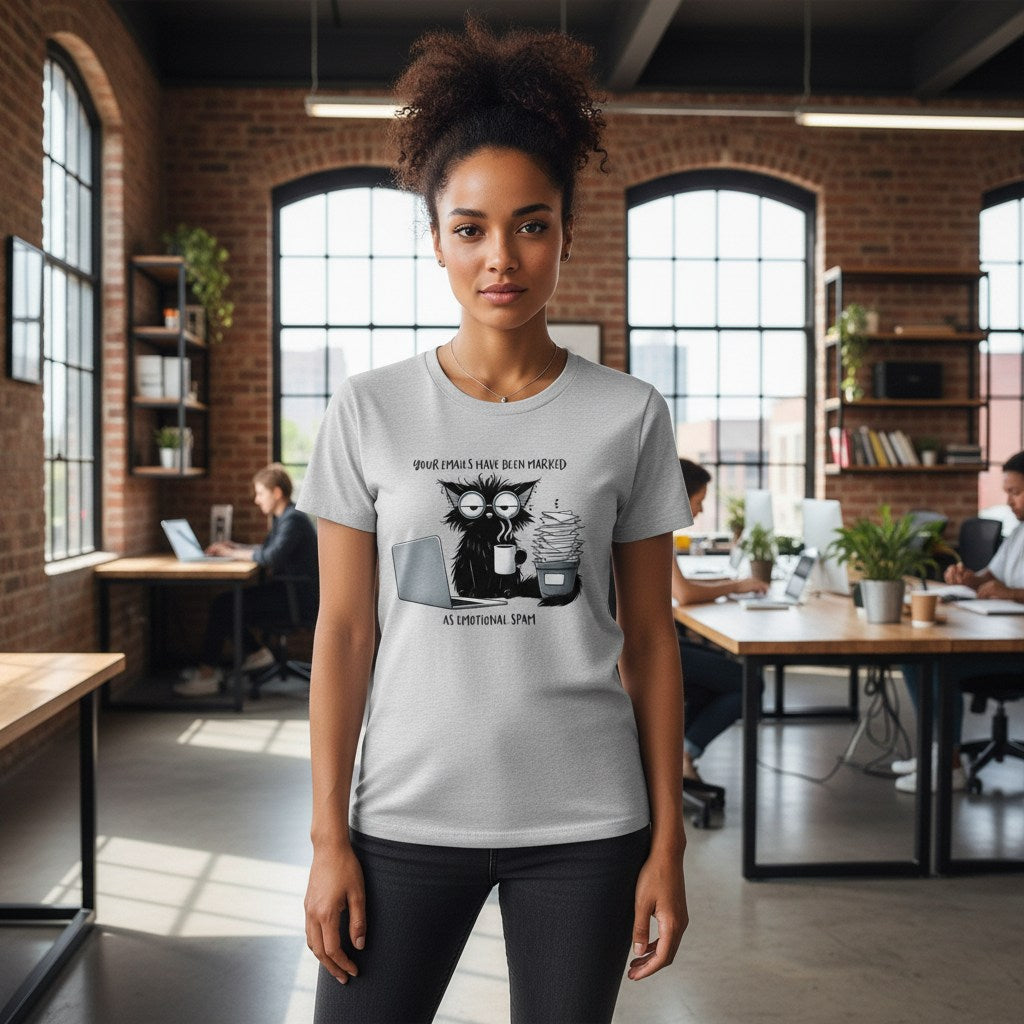 Person wearing a t-shirt with a graphic design in an office setting