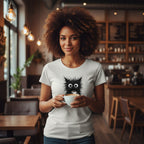 Woman holding a coffee cup in a cozy cafe setting