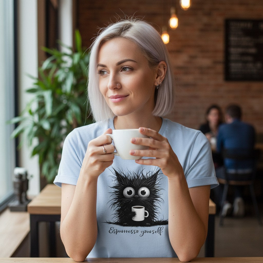 Woman holding a mug in a cafe with a cat graphic on her shirt