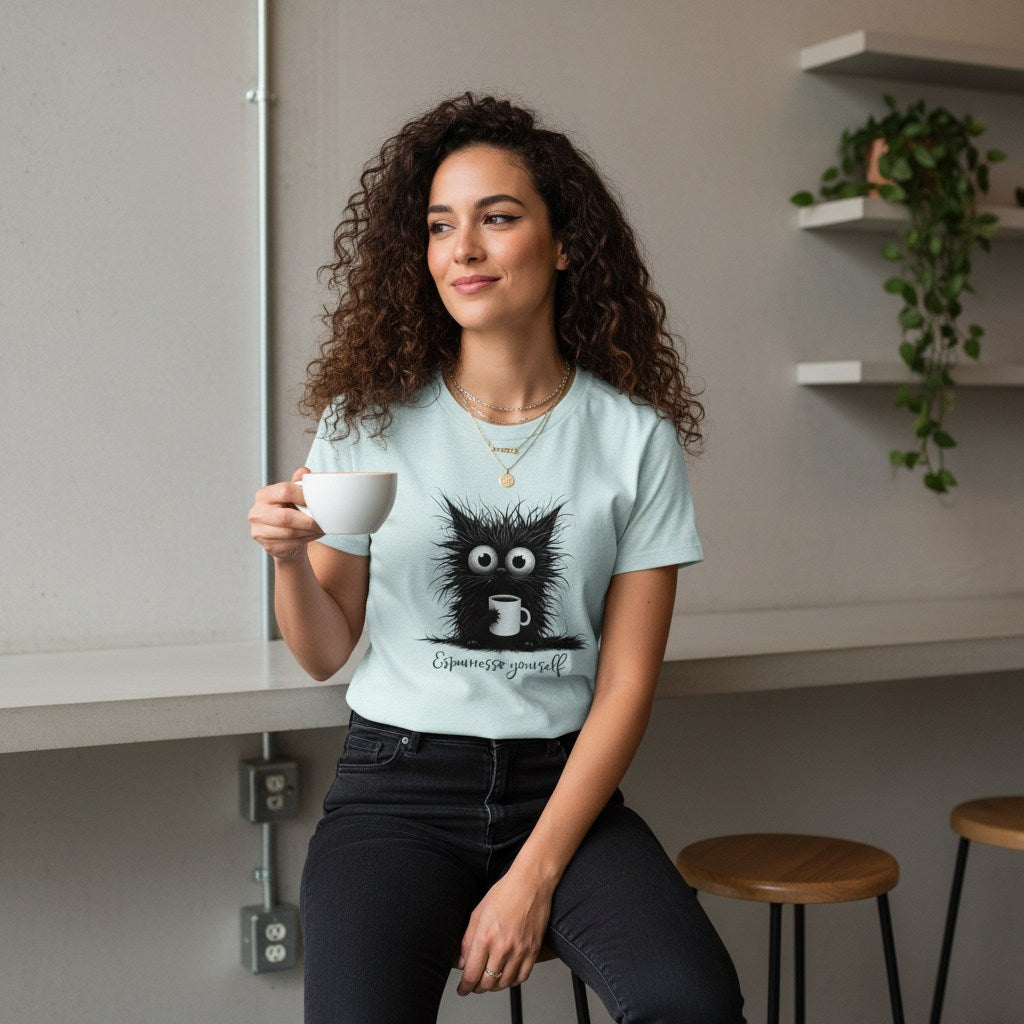 Woman wearing a light blue t-shirt with a cat graphic and text, holding a cup in a kitchen.