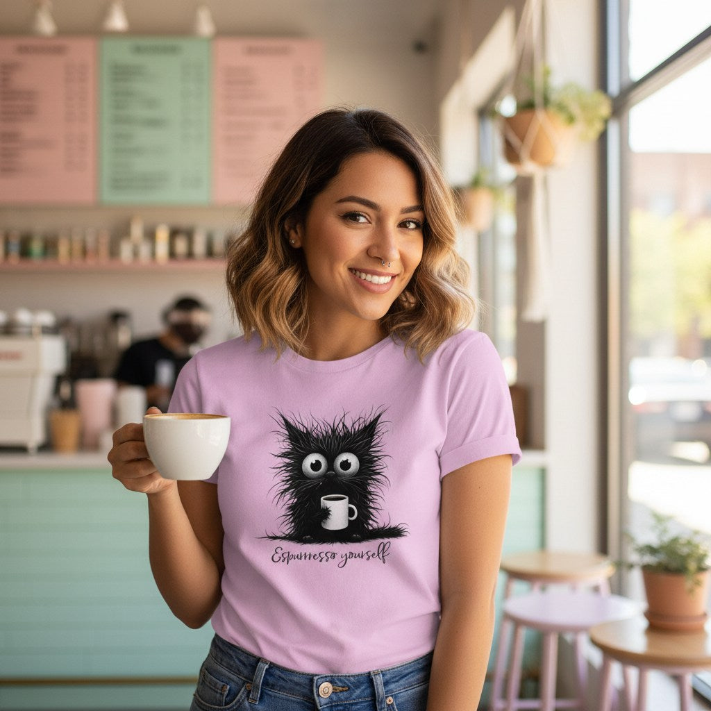 Woman in a cafe wearing a purple t-shirt with a cat graphic and text, holding a coffee cup.