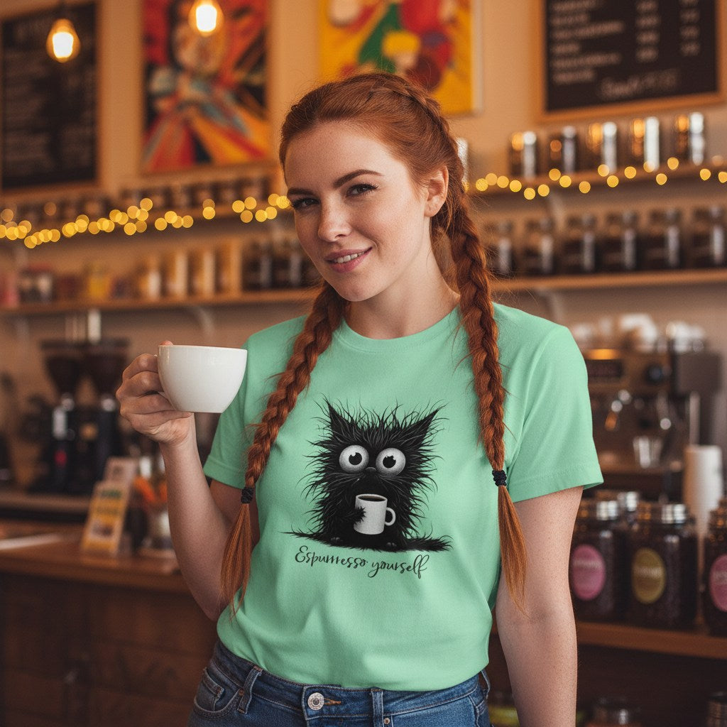 Woman in a coffee shop wearing a green t-shirt with a cat graphic and text, holding a mug.