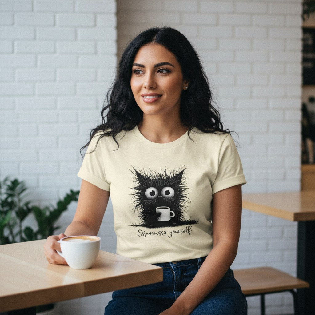 Woman wearing a t-shirt with a cat graphic and text, sitting at a table with a cup of coffee.