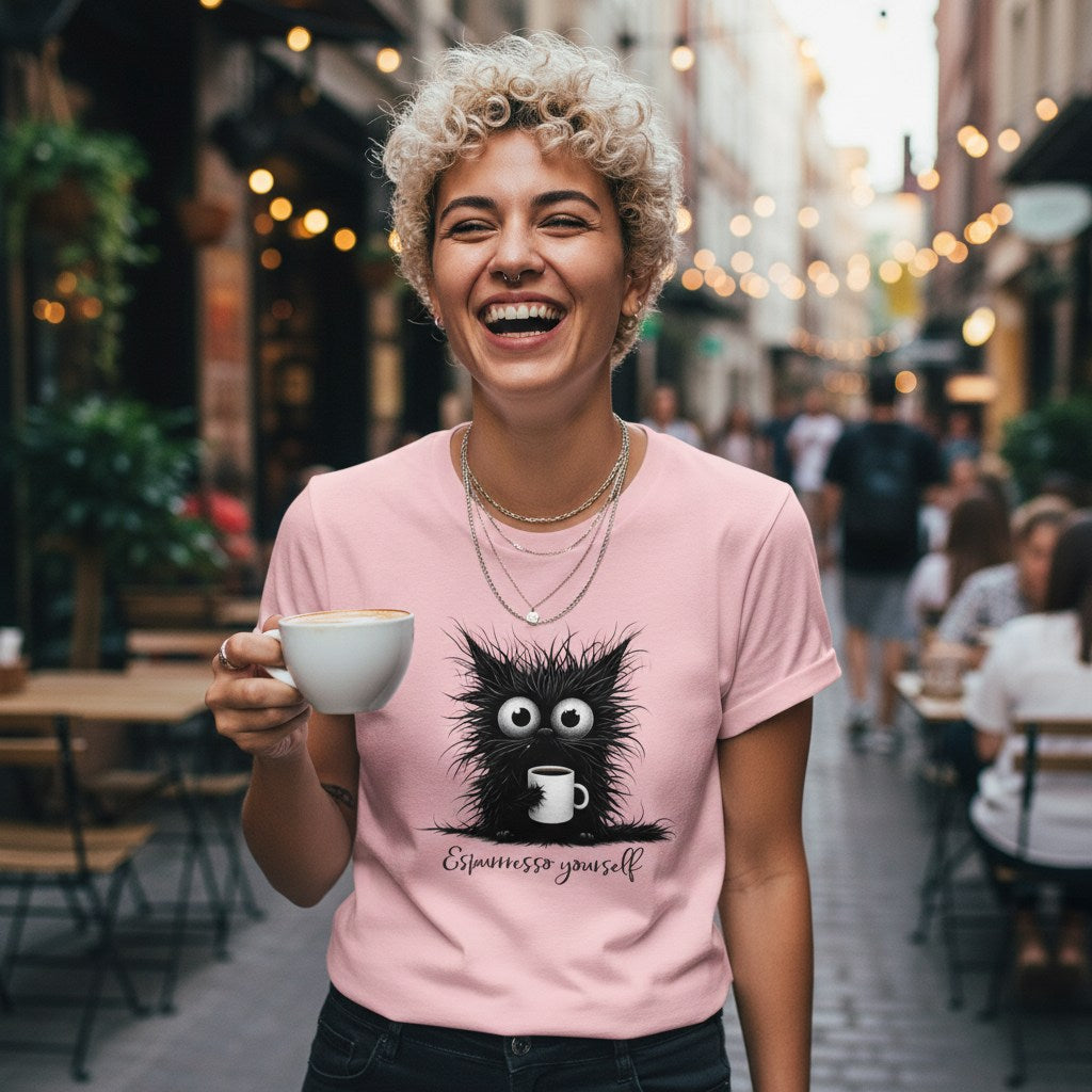 Woman in a pink t-shirt with a cat graphic and 'Espressesso yourself' text, holding a cup in an outdoor cafe setting.