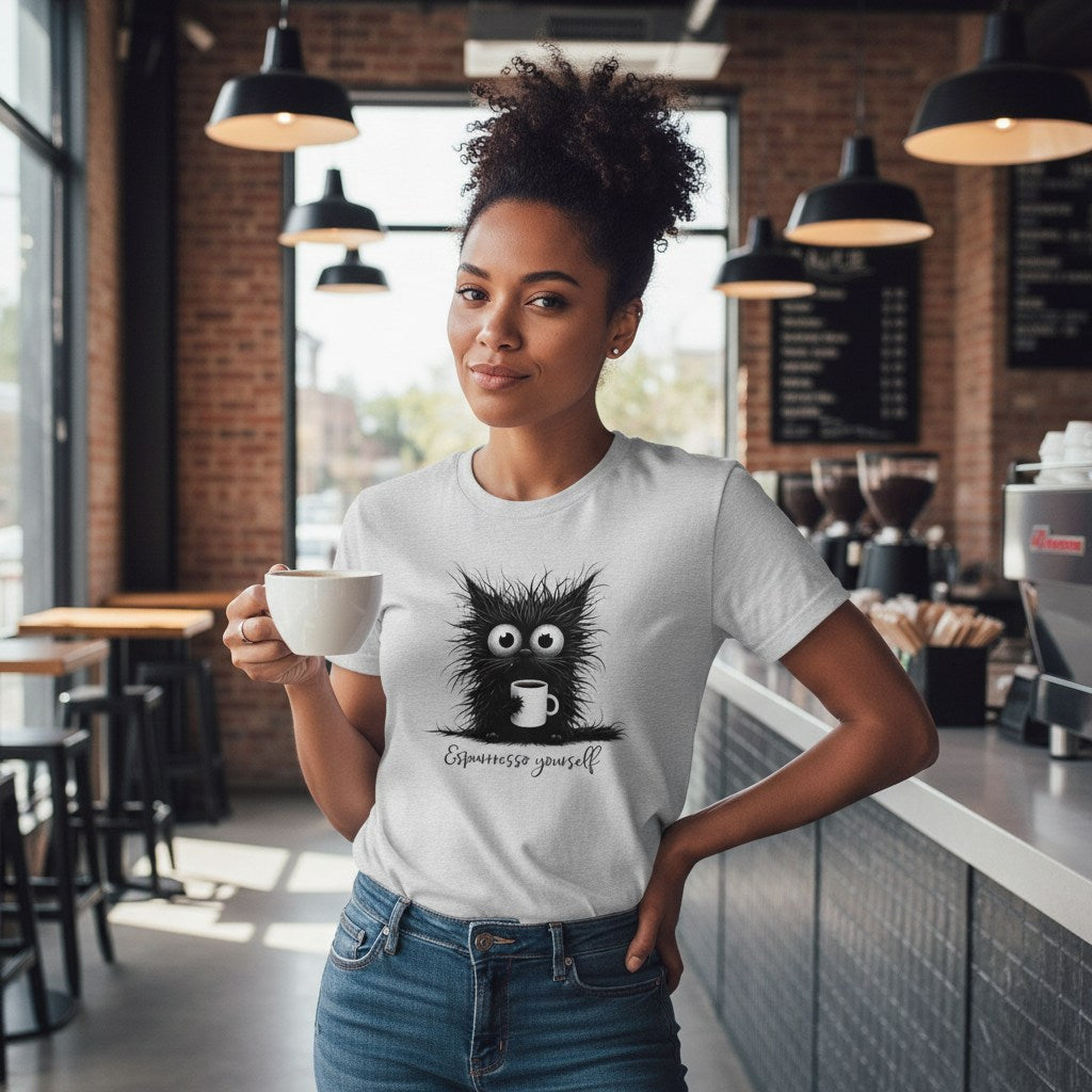 Woman in a coffee shop wearing a t-shirt with a cat graphic and text, holding a cup.