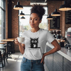 Woman in a coffee shop wearing a t-shirt with a cat graphic and text, holding a cup.