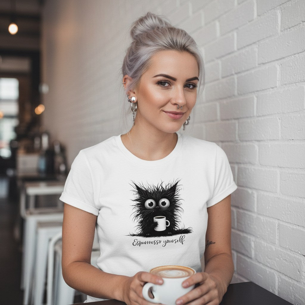 Woman wearing a white t-shirt with a black cat graphic and 'Espressesso yourself' text, holding a coffee cup in a cafe.