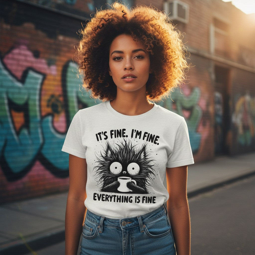 Person wearing a t-shirt with a graphic and text in an urban setting