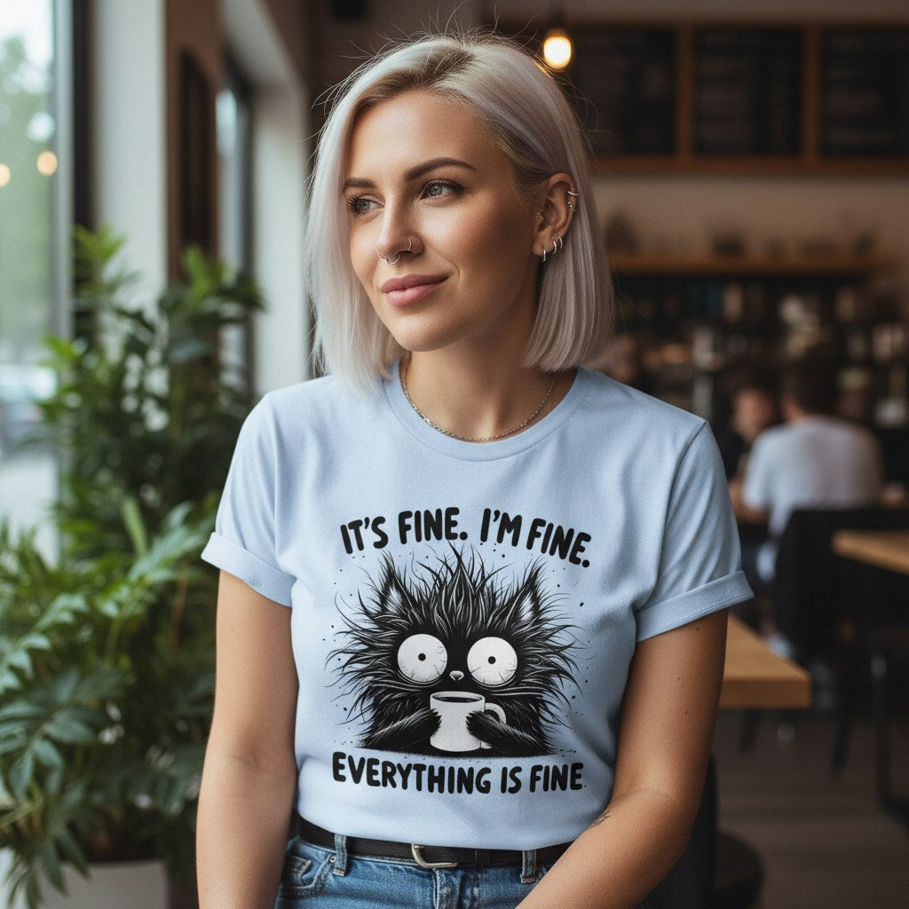 Woman wearing a light blue t-shirt with a humorous graphic and text in a casual setting.