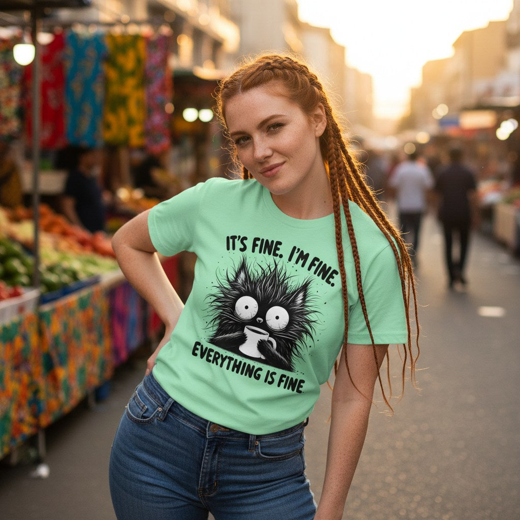 Woman wearing a green t-shirt with a cat graphic and text at an outdoor market.