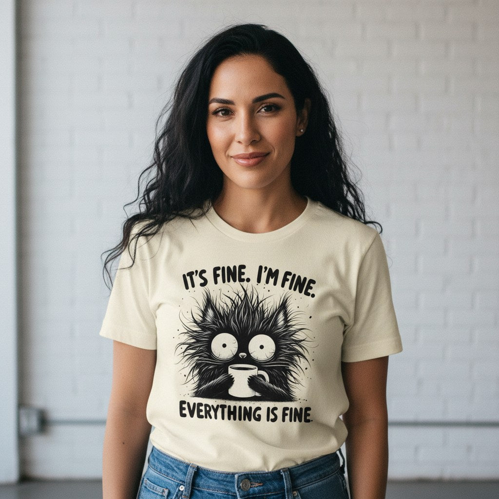 Woman wearing a t-shirt with a cat graphic and text, standing against a plain background